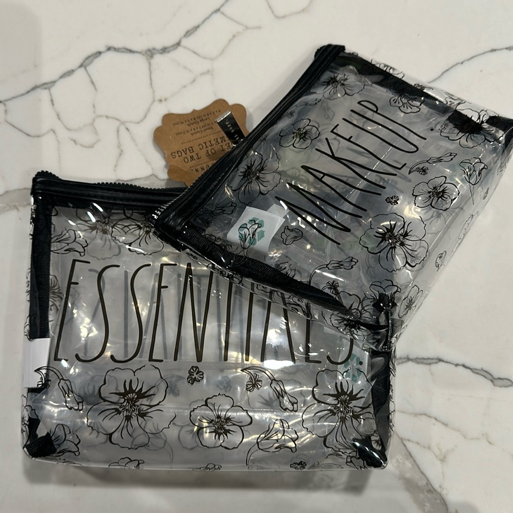 Rae Dunn Clear Flower Essentials Makeup Set of 2 Bags